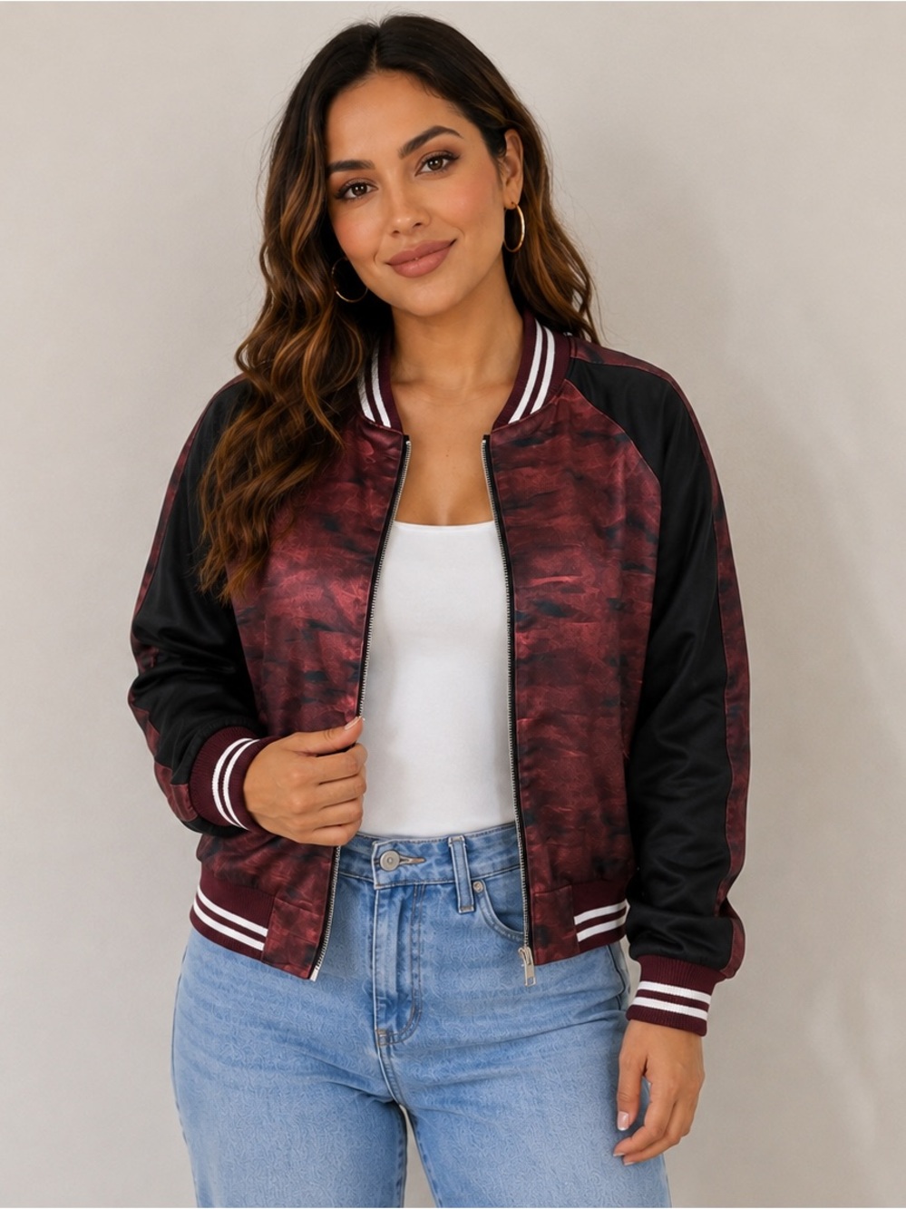 City‎ Blues Women’s Burgundy Black Satin Bomber Jacket Striped Trim